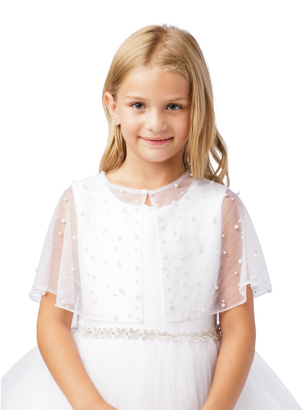 Girls White Pearl Embellished Translucent Elegant Mesh Cape 5-16 - SophiasStyle.com